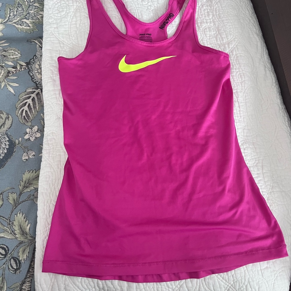 Nike Women's Bright Pink Tank Top with Yellow Swoosh